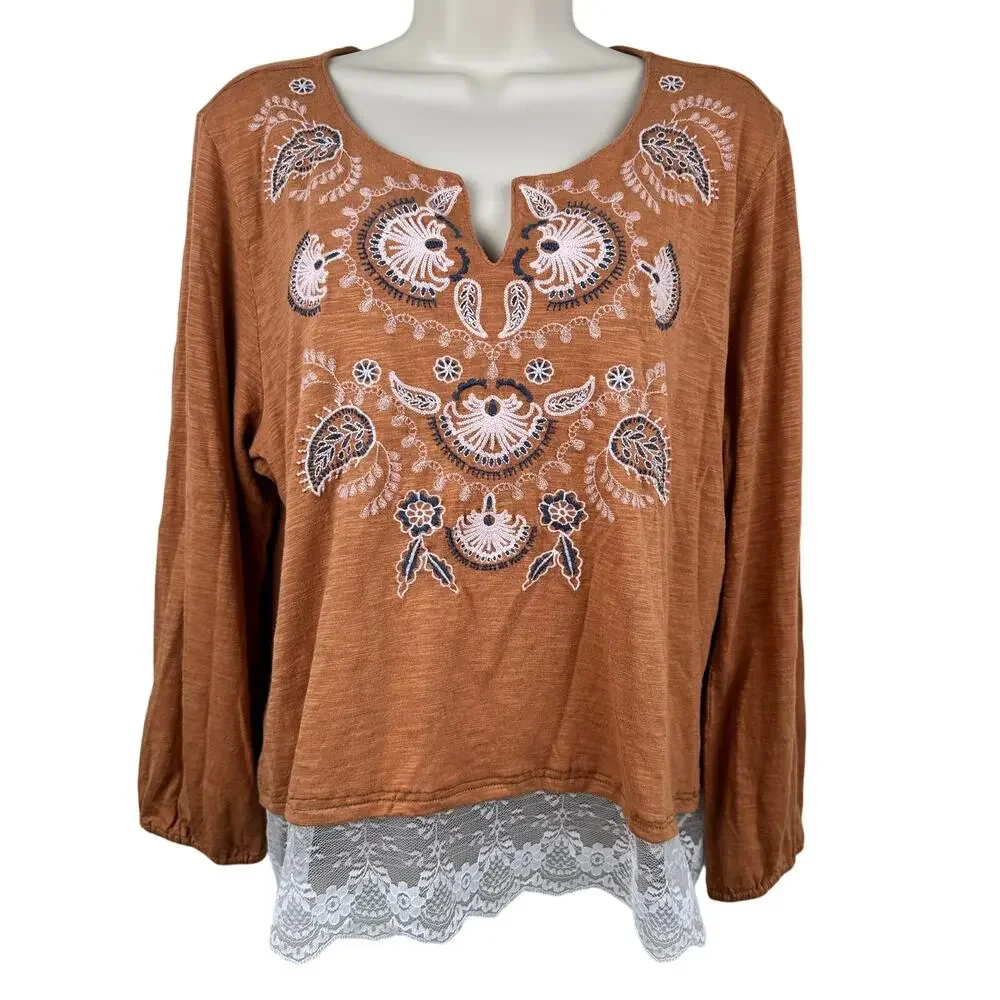 J. Jill Blouse Top Cotton Slub Knit Long Sleeve Embroidered Lace Brown Lg Boho